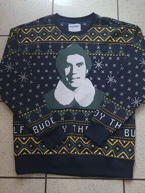 Old Navy Men’s Graphic Elf Crewneck Ugly Sweater with Green and Yellow Accents